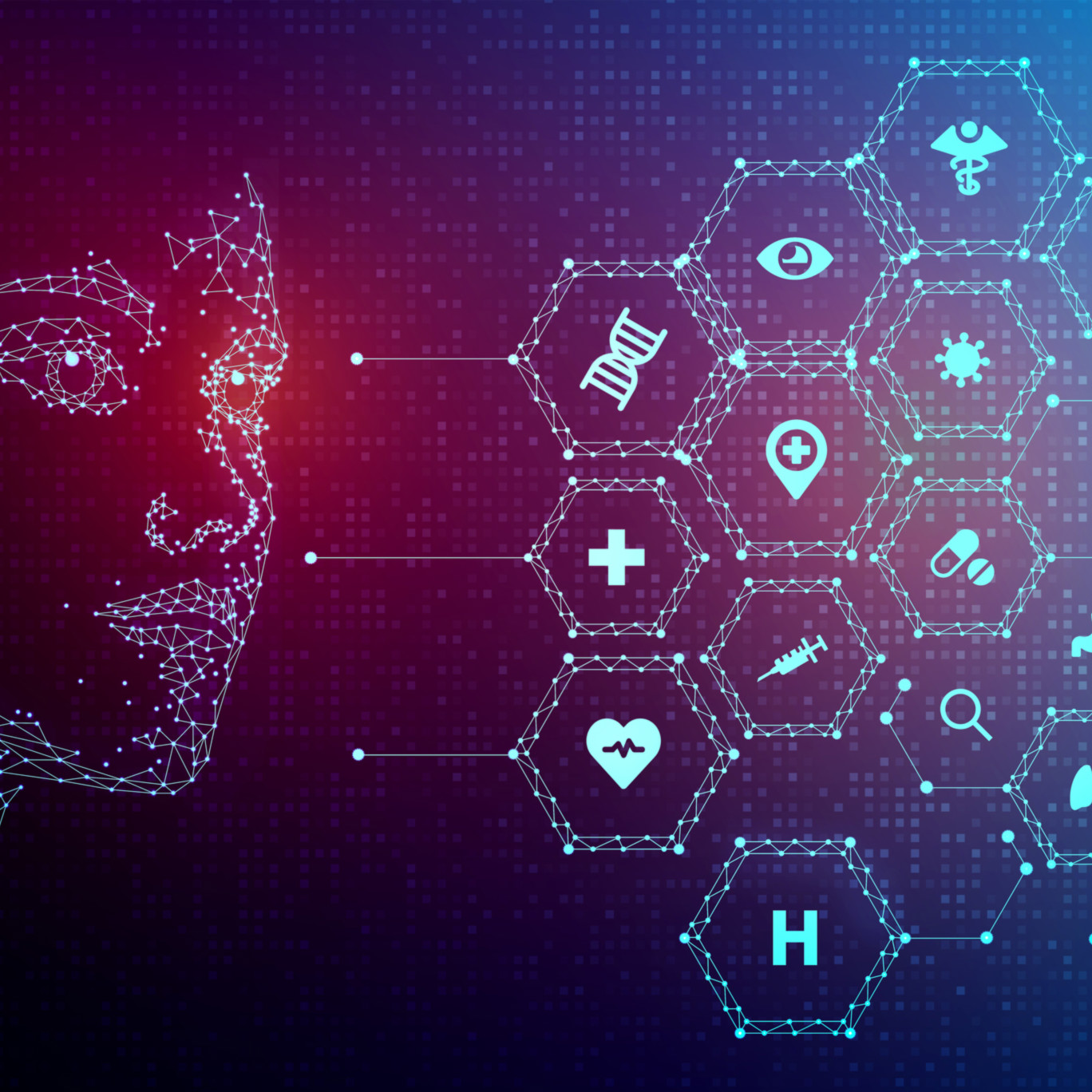 magenta, purple and blue digital illustration of a face looking at scientific symbols