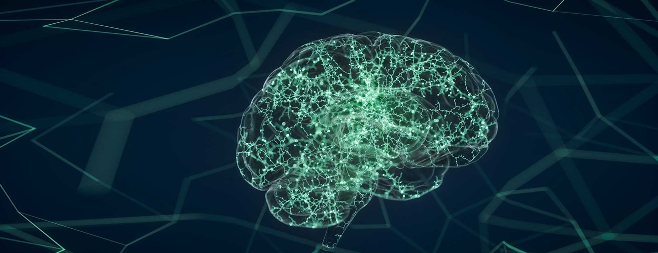 Brain illustration with bright green neurons